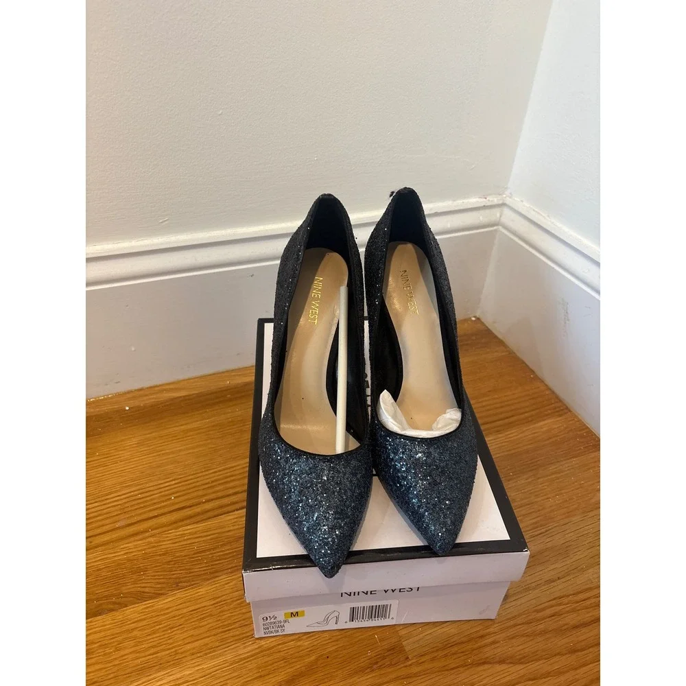 Nine West Tatiana Glitter Pointed Toe Stiletto Heels‎ Pumps Shoes Black 9.5M